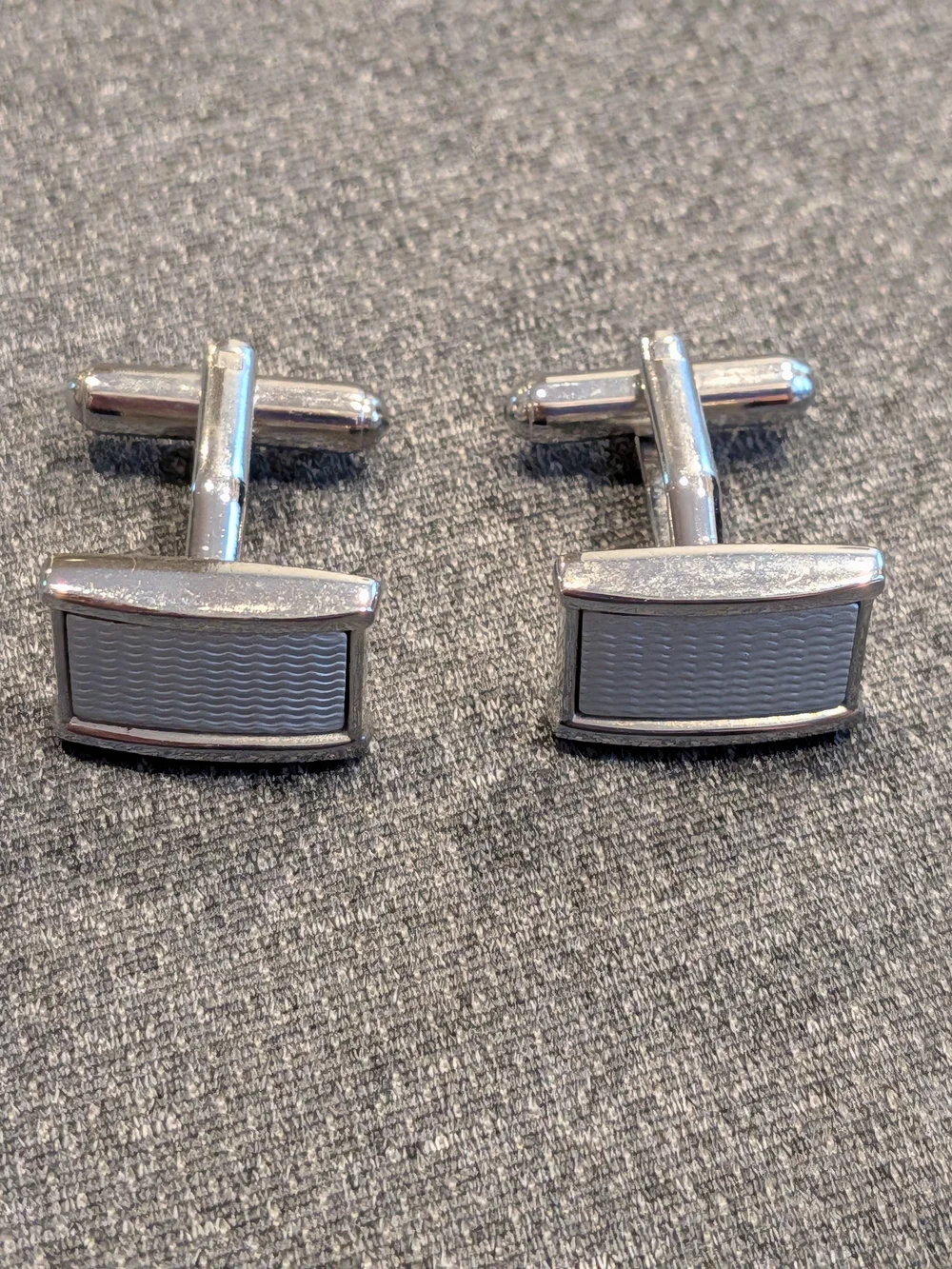 Silver-Tone Gray Enamel Cufflinks - Men's Accessories Vintage 1970s